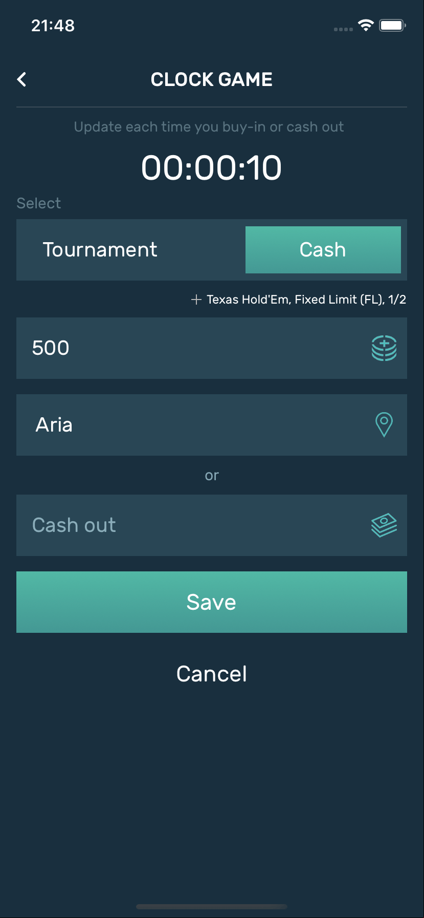 Example of entering a new poker game with buy-in and cash-out options in the Poker Stack app.