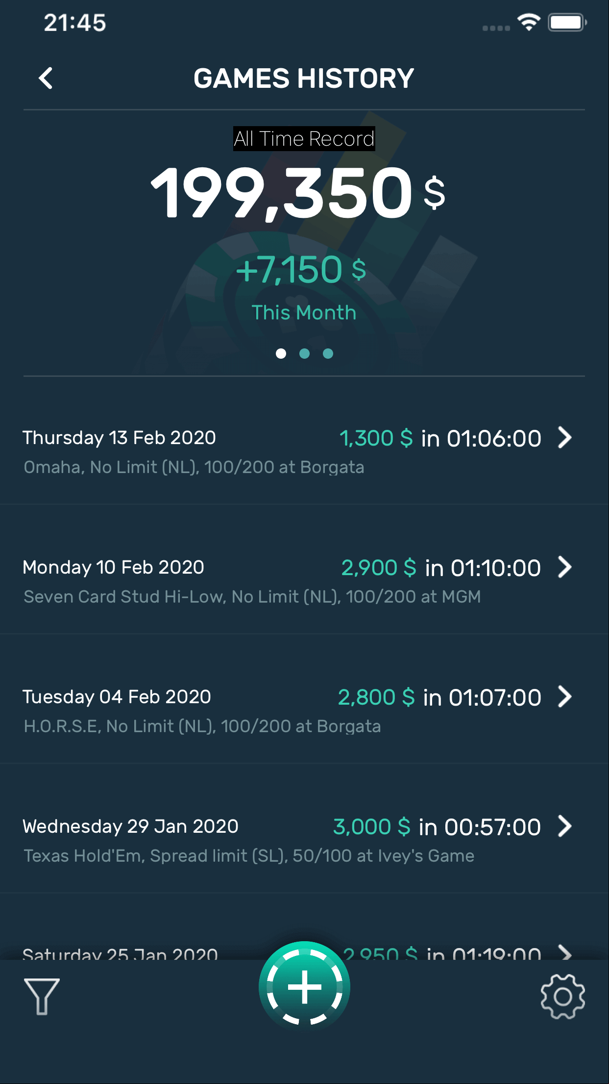 Detailed view of a 's poker game history, including dates and financial outcomes, in the Poker Stack app.
